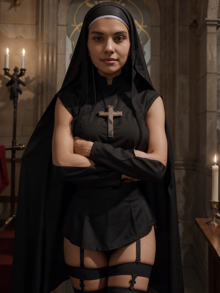 8k, RAW photo, best quality, ultra high resolution, (photorealistic), realistic photo of skinny brunette girl nun, (skinny brunette girl nun, 20 years old, slim face, tanned skin, black hair, straight hair), in the church, candles, crucifix, blood red walls, (full body picture), standing posing for picture, (sexy pose), (praying), (arms crossed as for the prayer), (wearing: (black nun costume, black mini skirt, stockings, crucifix)), ((looking at viewer)), dangerous smile, menace, (extremely detailed CG unity 8k wallpaper), Sharp focus, (bright light)