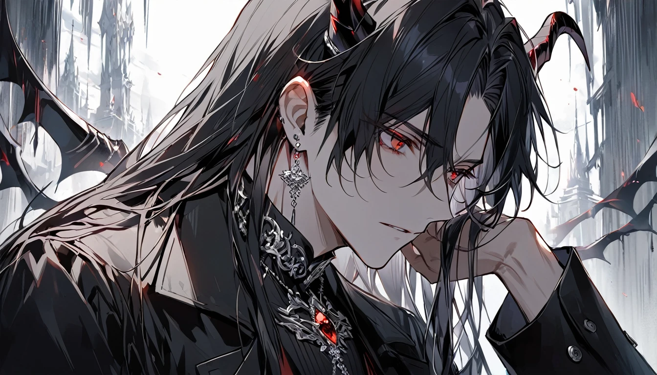 alone, good looking, 1 male, Long hair, Middle parted hair, Black hair, Red eyes, Black shirt, White Thailand, Black Trench Coat, Royal Silver Jewellery, Royal Demon Earrings, Black horns, Side profile, melancholy 