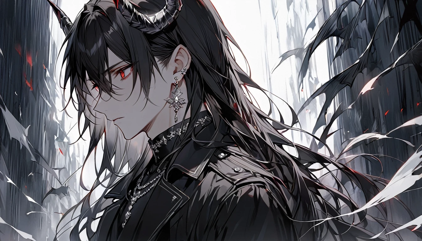 alone, good looking, 1 male, Long hair, Middle parted hair, Black hair, Red eyes, Black shirt, White Thailand, Black Trench Coat, Royal Silver Jewellery, Royal Demon Earrings, Black horns, Side profile, melancholy
