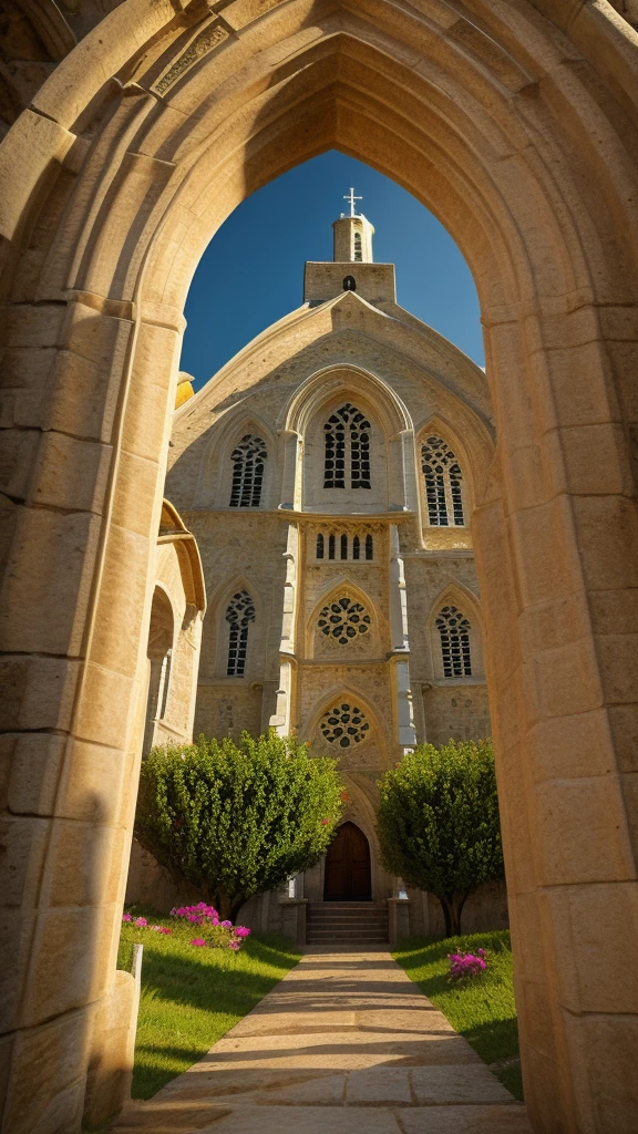 Medieval church with bell seen from the front. Ornamental iron fence around the church with lamps. Wet stone path. Valley of flowers overlooking the sea. Sunset with rays of light. Mystic.