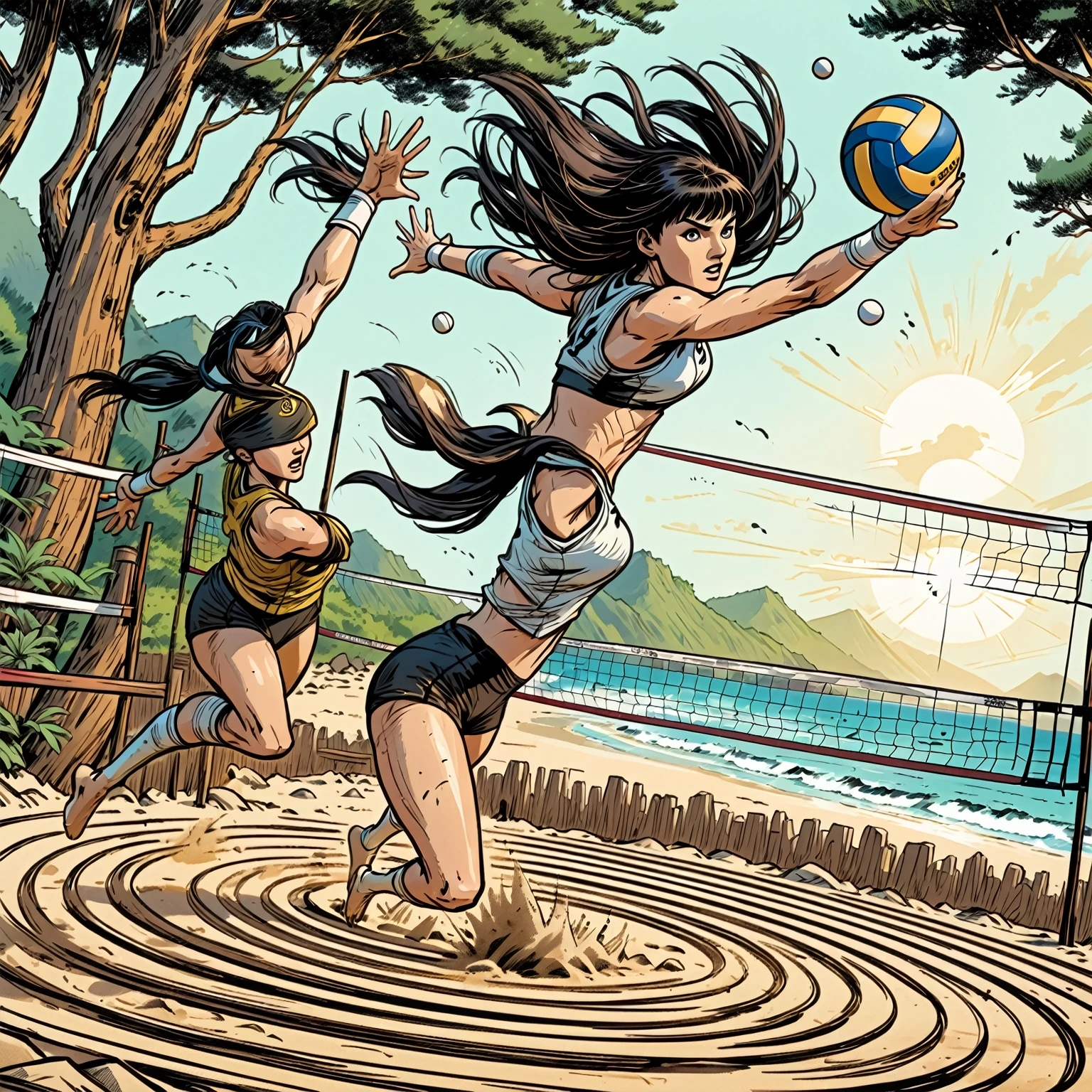 Xena Warrior princess, sports action shot, cinematic, spiking volleyball, sense of movement and energy leaping moment, zen garden volleyball arena surrounded by dense forest, beach coastline background, expressive color ink style joelle jones sketch
