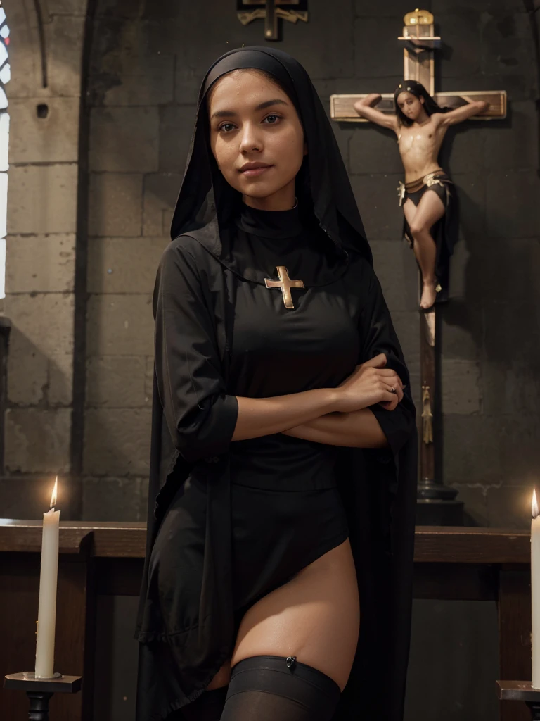 8k, RAW photo, best quality, ultra high resolution, (photorealistic), realistic photo of skinny brunette girl nun, (skinny brunette girl nun, 20 years old, slim face, tanned skin, black hair, straight hair), in the church, candles, crucifix, blood red walls, (full body picture), (photo from the side), standing posing for picture, (sexy pose), (praying), (arms crossed as for the prayer), (wearing: (black nun costume, black mini skirt, stockings, crucifix)), ((looking at viewer)), dangerous smile, menace, (extremely detailed CG unity 8k wallpaper), Sharp focus, (bright light)