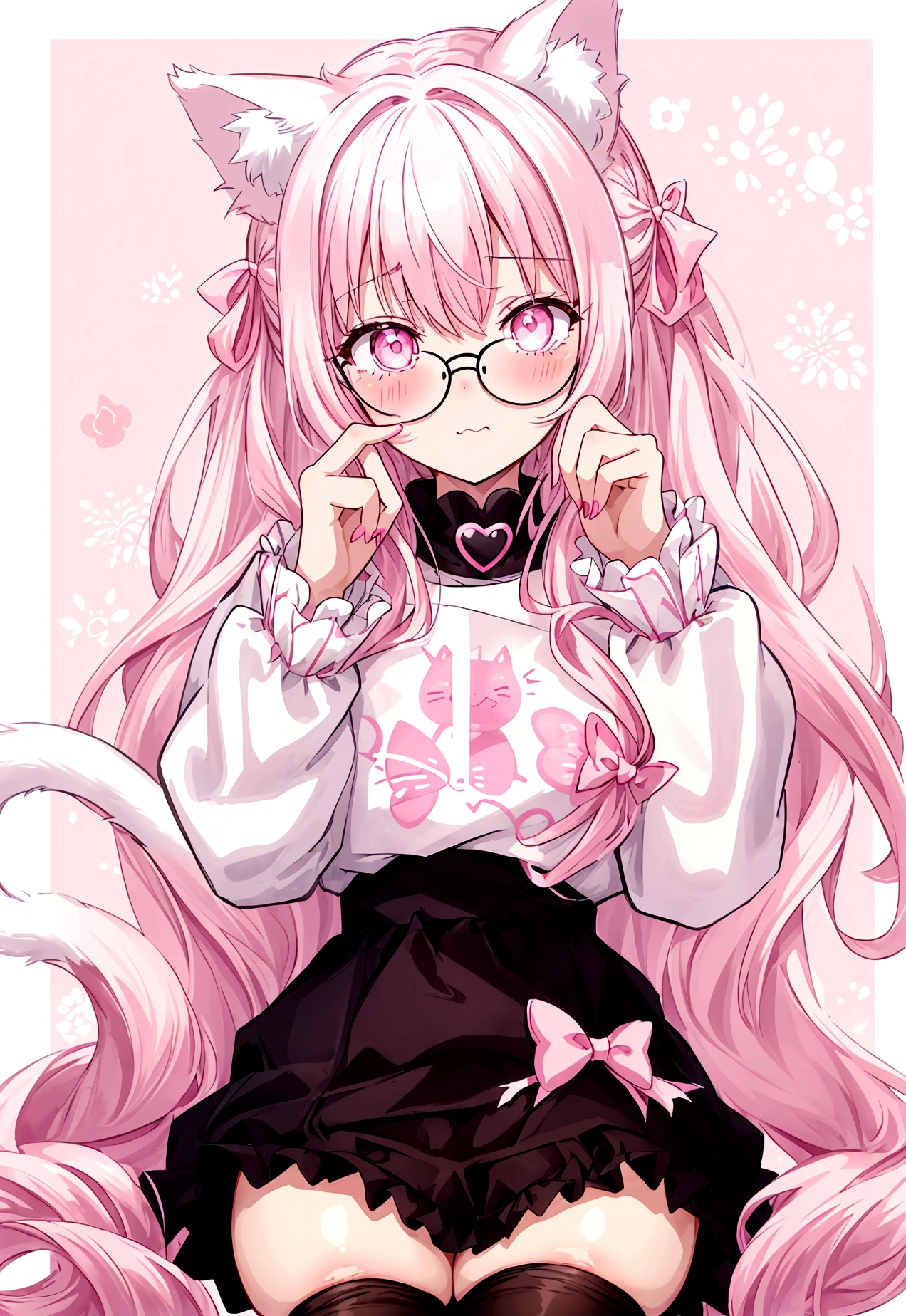 I have white pink hair, cat ears, a bow, my face is super blushing, black glasses, pink heart eyes, a big pink sweatshirt, a black skirt, black stockings, what's up, barefoot, a cat's tail, a girl Very shy