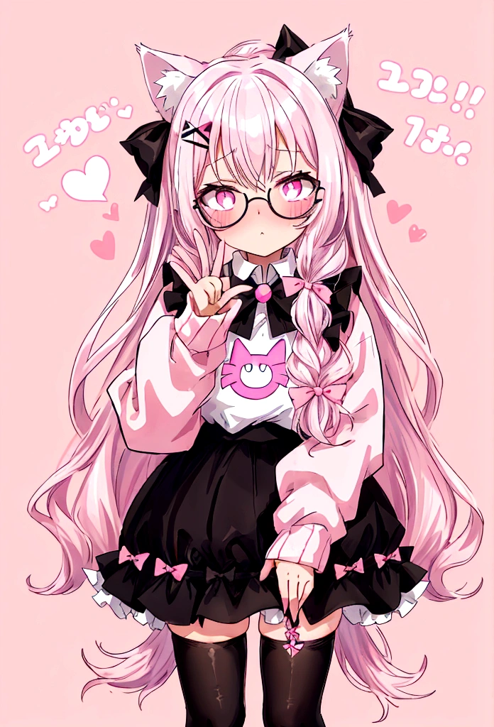 I have white pink hair, cat ears, a bow, my face is super blushing, black glasses, pink heart eyes, a big pink sweatshirt, a black skirt, black stockings, what&#39;s up, barefoot, a cat&#39;s tail, a girl Very shy