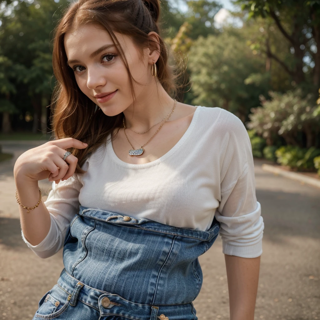 only 1 ginger young girl (best quality, 4k, 8k, highres, masterpiece:1.2), ultra-detailed, (realistic, photorealistic, photo-realistic:1.37), portrait, wearing casual age outfit, small chain on neck, black hair, hair band in ponytail, vivid colors, soft lighting, natural park, subtle bokeh, warm color tones, rich girl, red lipstick, earing, round neck style dress, wearing jeans pant, wearing a ring in hand, (eye level view), sorriso de boca fechada, franja lateral assimétrica.