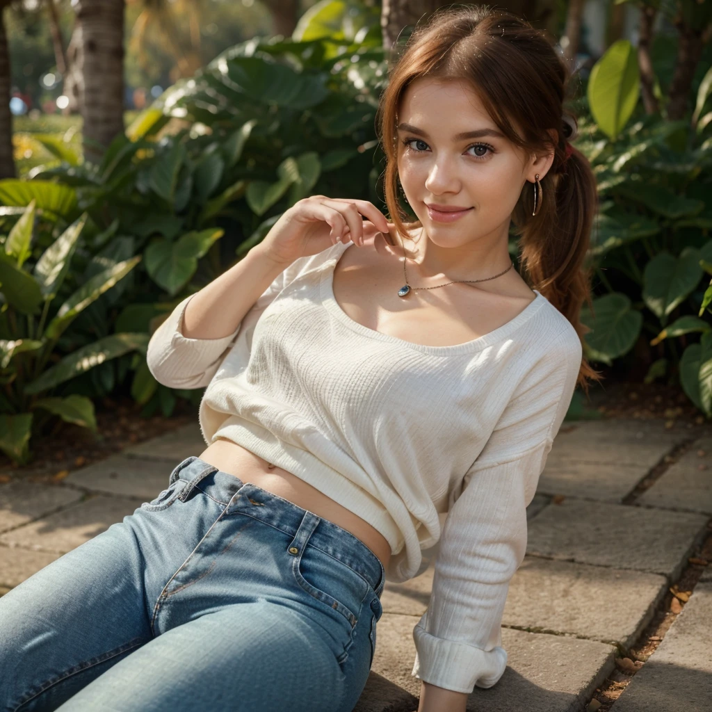 only 1 ginger young girl (best quality, 4k, 8k, highres, masterpiece:1.2), ultra-detailed, (realistic, photorealistic, photo-realistic:1.37), portrait, wearing casual age outfit, small chain on neck, black hair, hair band in ponytail, vivid colors, soft lighting, natural park, subtle bokeh, warm color tones, rich girl, red lipstick, earing, round neck style dress, wearing jeans pant, wearing a ring in hand, (eye level view), sorriso de boca fechada, franja lateral assimétrica.