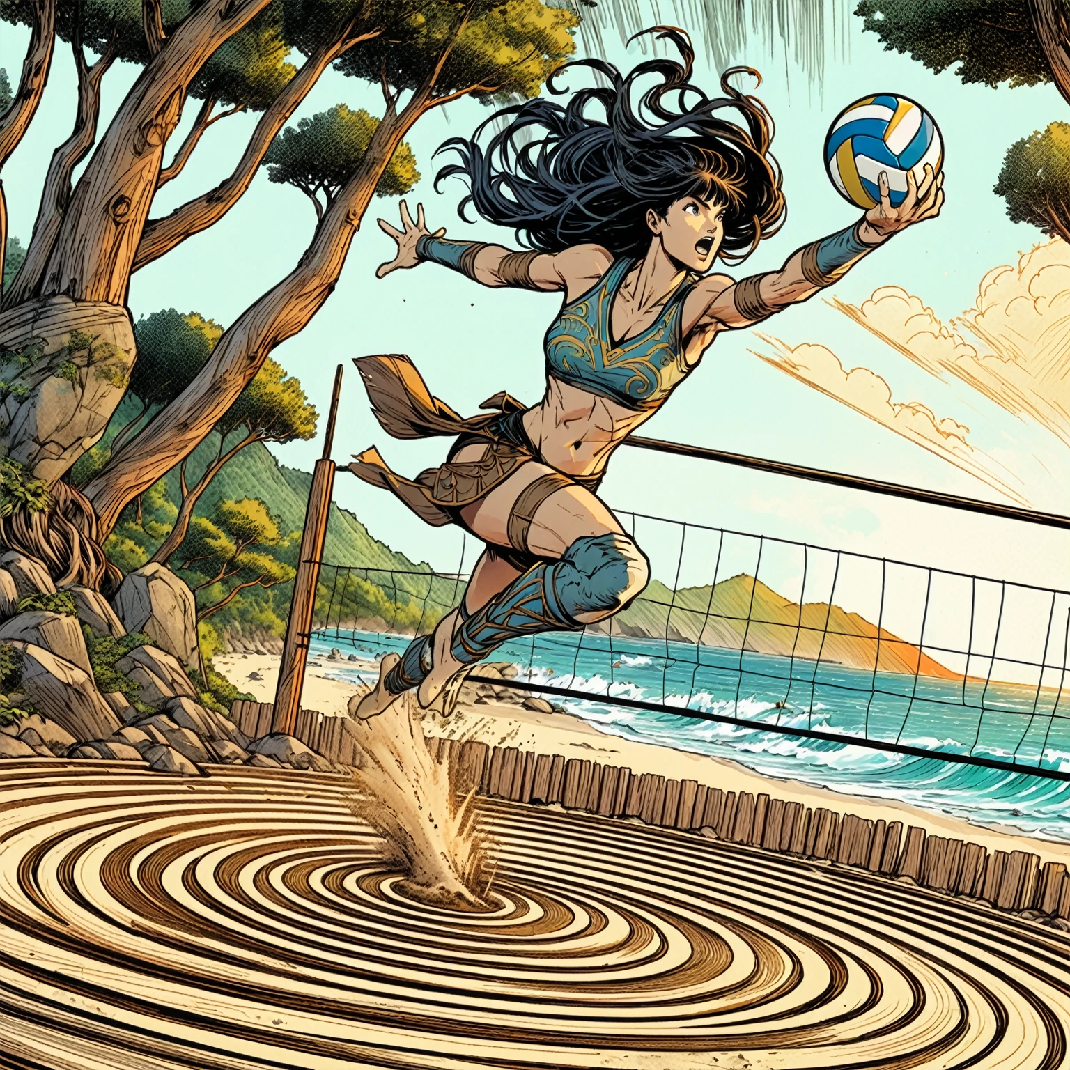 Xena Warrior princess, sports action shot, cinematic, spiking volleyball, sense of movement and energy leaping moment, zen garden volleyball arena surrounded by dense forest, beach coastline background, expressive color ink style joelle jones sketch