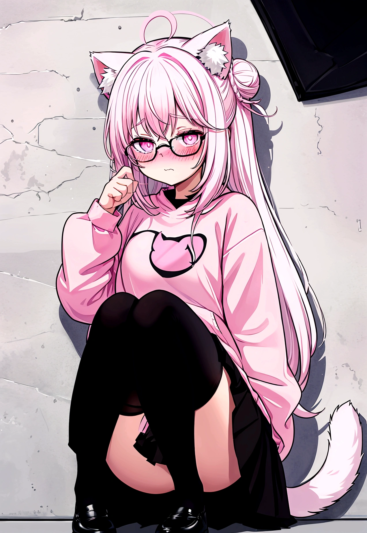 I have white pink hair, cat ears, a bun, my face is super blushing, black glasses, pink heart eyes, a big pink sweatshirt, a black skirt, black stockings, white shoes, a cat&#39;s tail, a girl. very shy that she is glued to a wall with her butt