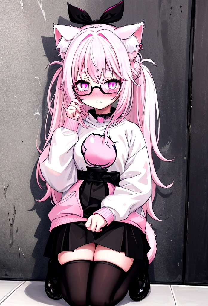 I have white pink hair, cat ears, a bun, my face is super blushing, black glasses, pink heart eyes, a big pink sweatshirt, a black skirt, black stockings, white shoes, a cat&#39;s tail, a girl. very shy that she is glued to a wall with her butt