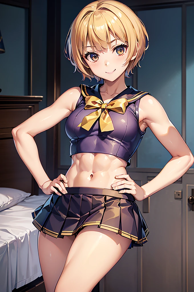 masterpiece, best quality, ultra detailed, ultra high resolution, very detailed face, solo, ((anime)), 20 years old girl, (((sailorfighter costume, pleated short skirt, croptop))), ((golden short hair)), (((medium breast))), (six pack abs:1.2), ((little smile, small mouth)), ((hands on the hip)), standing in the bedroom
