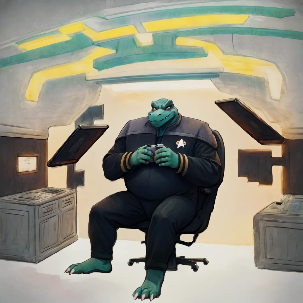 (((Barefoot scaley character, full body, cinematic setting, furry male, plantigrade))) 
Doctor (((kingkrool))), crocodile, green skin, reptile, gold bracelets, scales, bloodshot eye, fat, obese,
exudes confidence and authority, wears star trek DS9 doctor teal uniform, ((ds9st, black and grey star trek uniform, grey shoulders, teal neck, black jumpsuit, black pants)) dynamic pose, holding medical tricorder, ((starship interior with many screens and consoles)), futuristic look, metalic, bright colors
BREAK, intricate details, highly detailed, extreme detail, octane render, fine art, best quality, highres, (detailed face:1.5), ((full_body)), UHD, (((perfect hands))), ((low light:1.5))