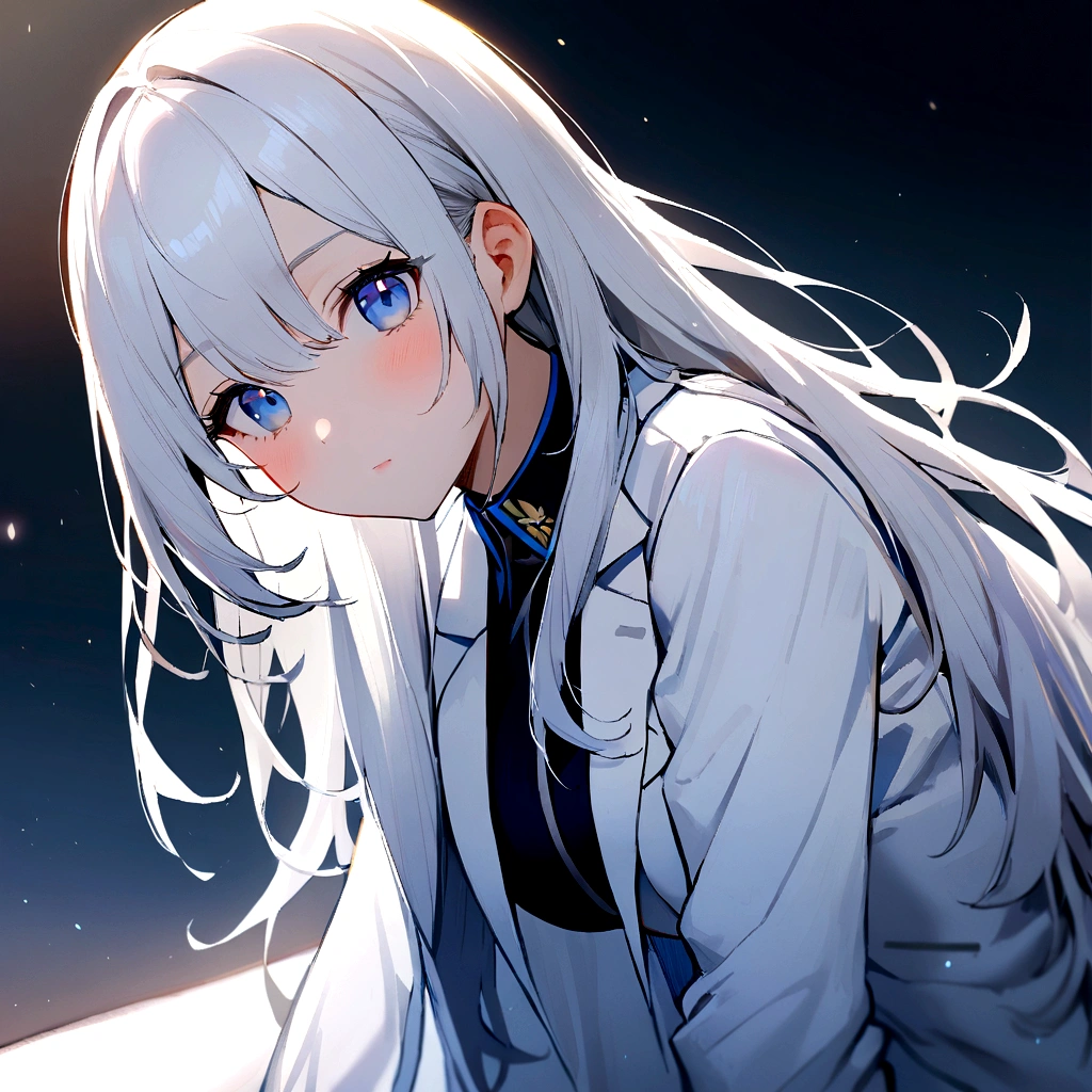 1girl, military uniform, white lab coat, lab coat, white glove, long hair, blue Eyes,