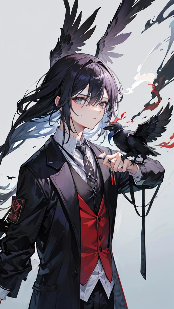 Crow made of smoke, coming out of a man's forearm.