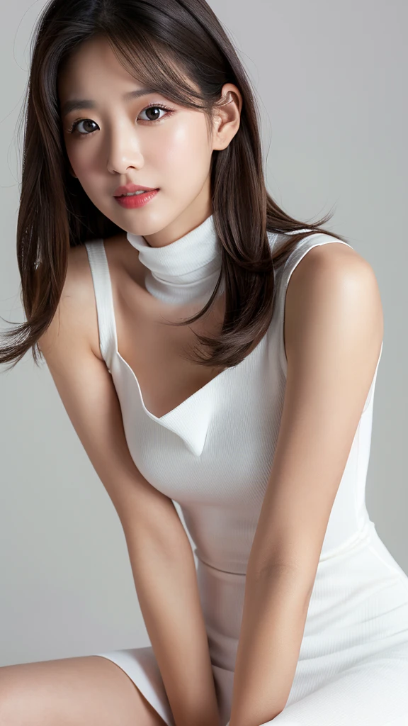 vivid,Normal chest,(between legs),cute,(Detailed face),White sleeveless turtleneck dress,Ultra-high resolution,(Photorealistic:1.7),Black long hair,Gray background,