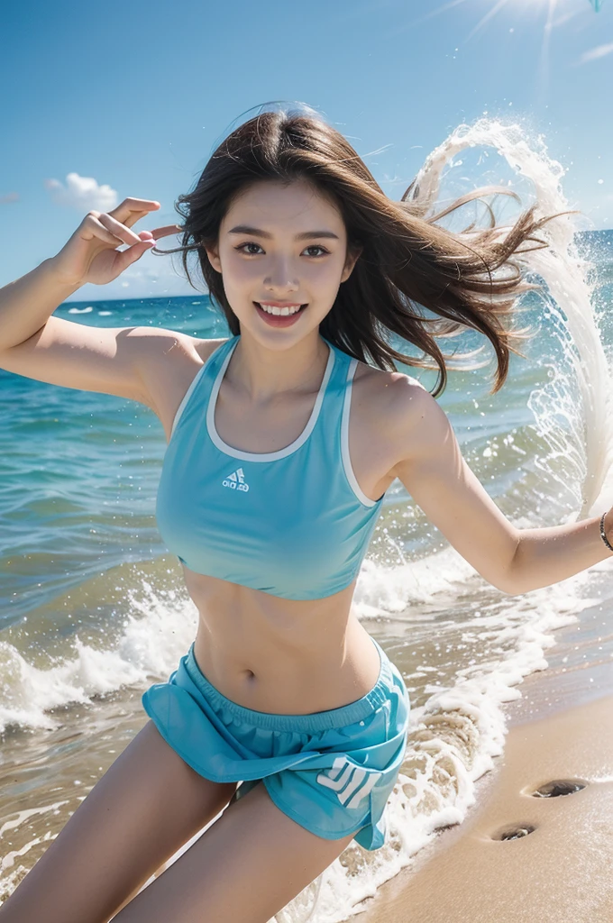1 pretty girl,white skinned,brown hair,looking at viewer, beautiful medium chest, Russia, pony tail, happy smile, sports, blue stylish bikini, swimming, riding, pulling, dynamic, fairy, angel, joyful, sexy pose