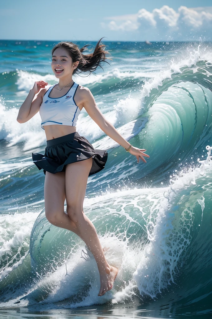 "(((best quality))), (((ultra detailed))), (((masterpiece))), illustration, " a girl, beach, sea, sand, volleyball, girl's attire, sun, waves, shore, foam, summer, afternoon, gold sand, vibrant attire, slender figure, athletic build, sleeveless top, short skirt, sports bra, toned legs, nimble fingers, precise movements, agile arms, teammates, synchronized gameplay, exciting spectacle, onlookers, sand, clear sky, azure, powder blue, white waves, crashing waves, laughter, beachgoers, symphony, essence, summer, seaside, determination, skill, quick reflexes, strategic thinking, victory, infectious energy, unwavering spirit, , joy, youthful exuberance, timeless reminder, magic of summer.