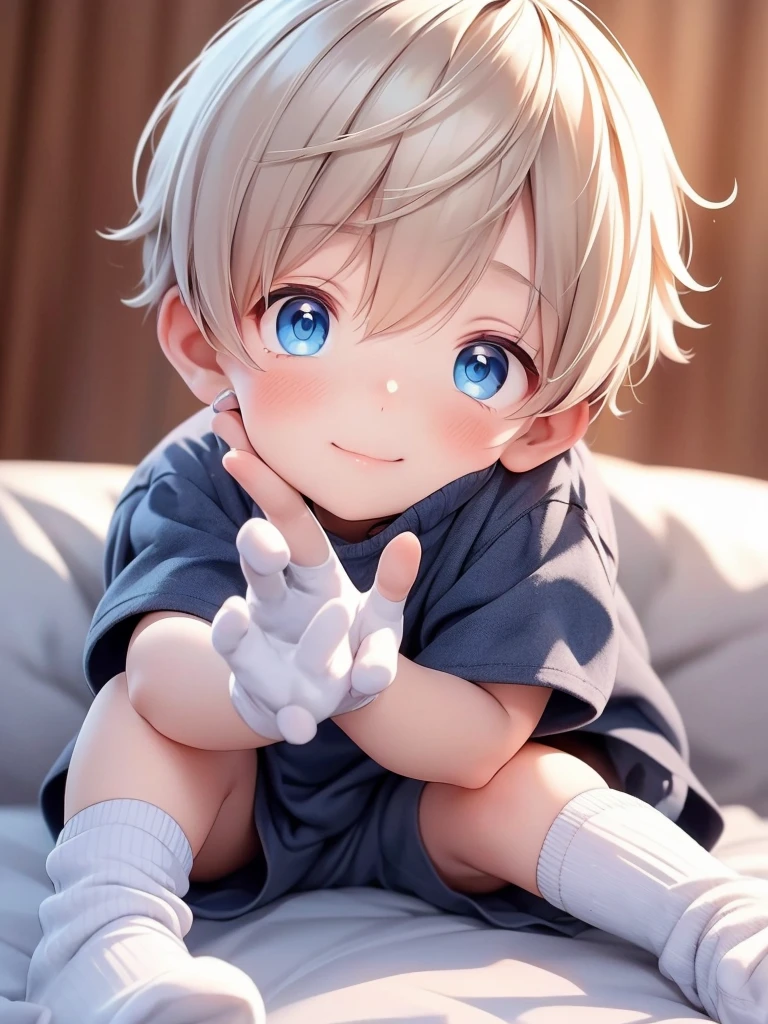 cute 4 boy he is wearing socks and a very cute He has blond hair and blue eyes He's wearing socks and a super cute glove He's doing it with his fingers He's sitting cross-legged