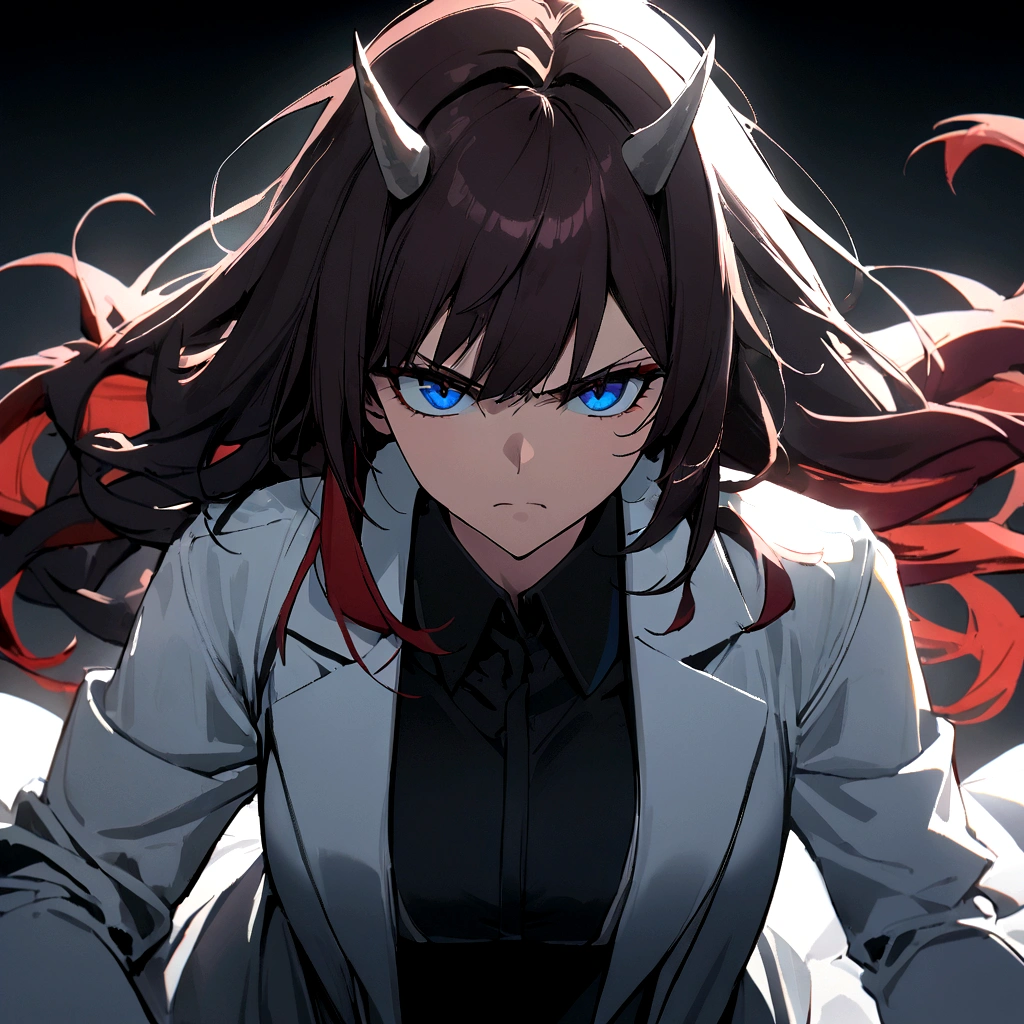 1girl, white lab coat, lab coat, white glove, dark hair, red hair, long hair, blue Eyes, small horn, serious face