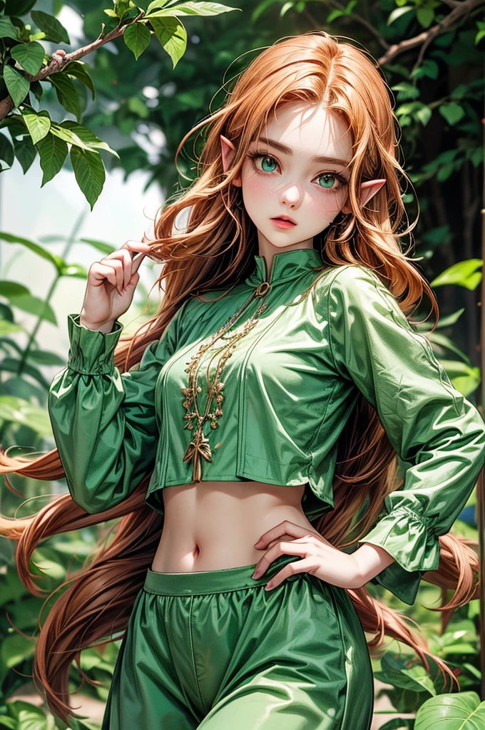 Best Picture Quality, Masterpiece Level, Ultra High Resolution, Realism, Fantasy, fulllength, A Girl, Single, Scatter, wood elf, in forest, midriff, thighs, ginger hair, green eyes, butterfly wings, perfect face, perfect body, wings, perfect breasts, green outfit, muscular, abs