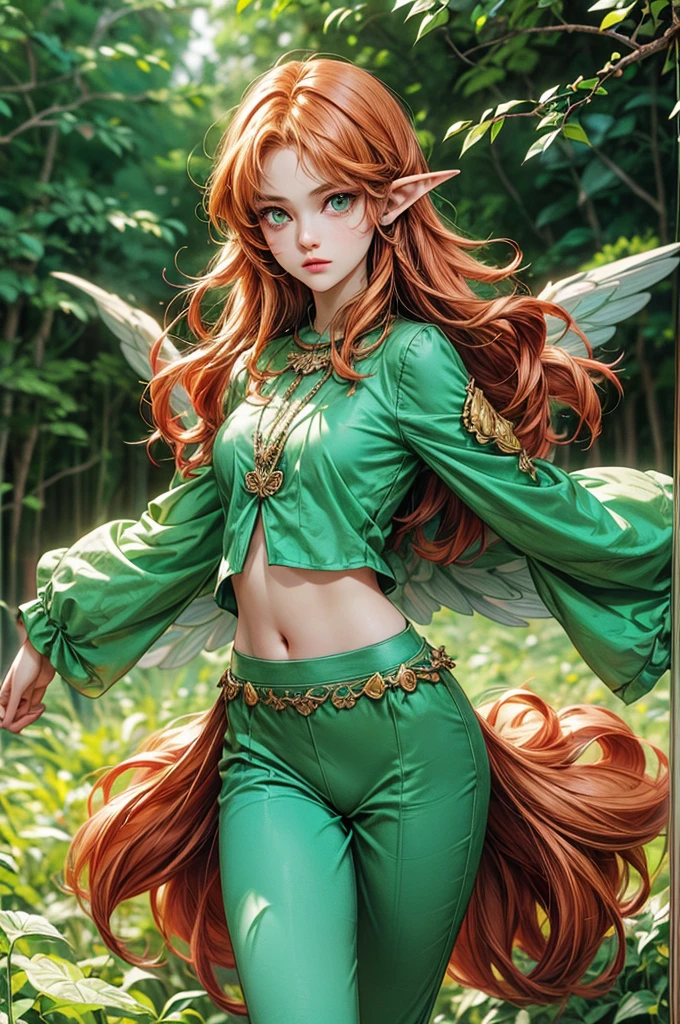 masterpiece, fulllength, perfect body, perfect face, ginger hair, long braided hair, fantasy character, druid, fairy, perfect breasts, thighs, midriff, green eyes, magical, smiling, fairy wings
