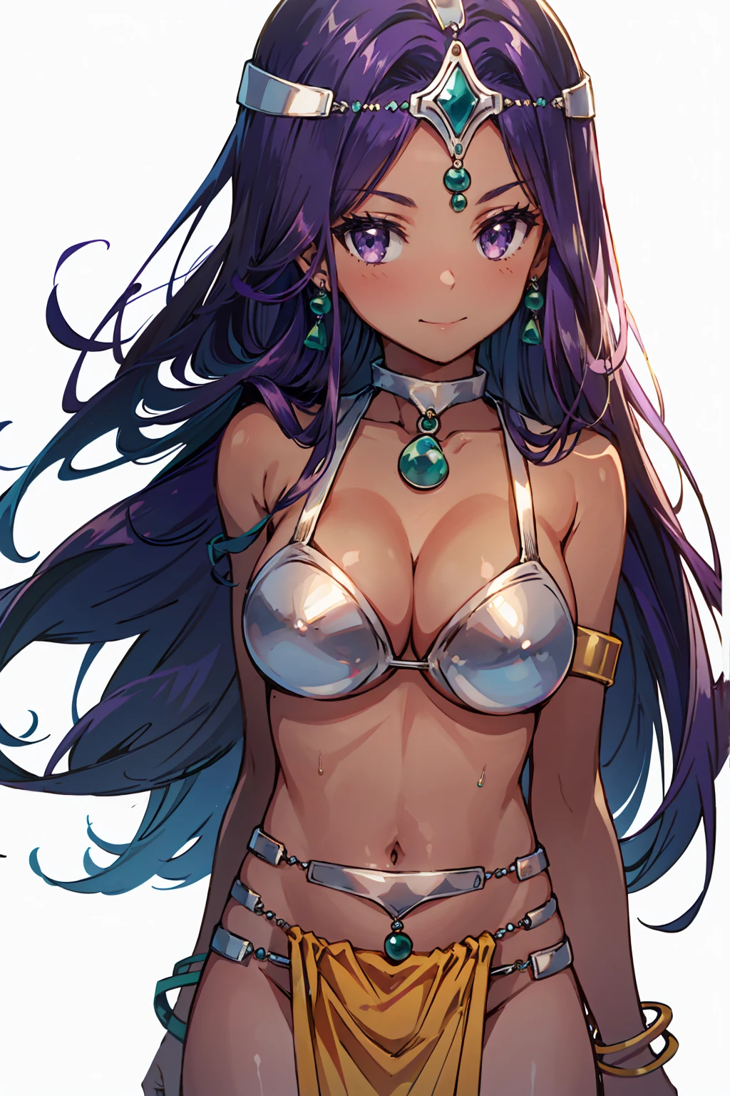 1girl, solo, dqManya, white background, cowboy shot, purple hair, bikini, loincloth, large breasts, cleavage, soft stomach, circlet, earrings, choker, bracelet, armlet, closed mouth, smile, blush