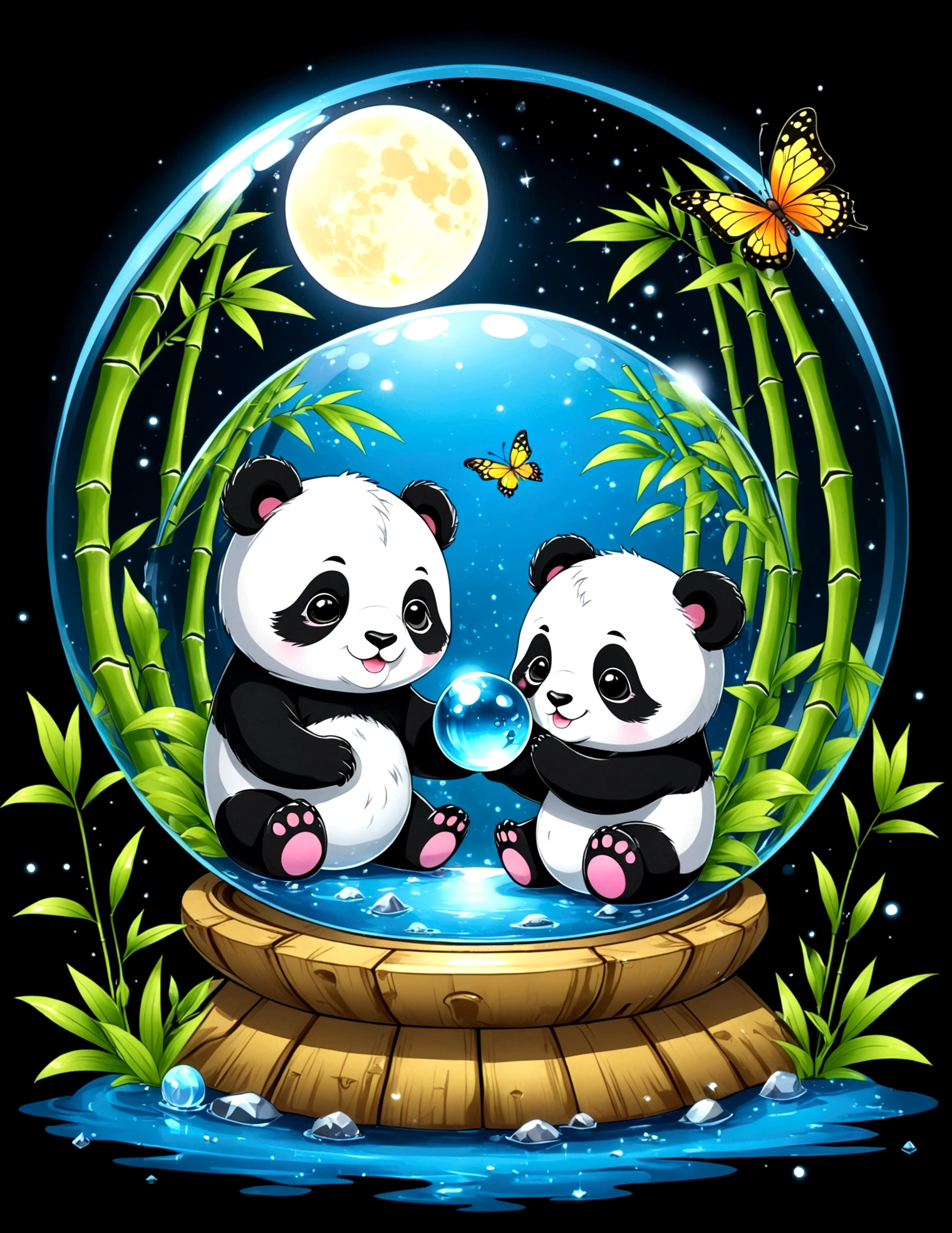 chibi pandas play together in crystal ball, bamboo forest inside crystal ball, water splash, tshirt design, cute, anime style, kawaii, super detail, black background, midnight, moon light, glowing, butterfly, exquisite flower frame, HD, super detail, vector, digital art