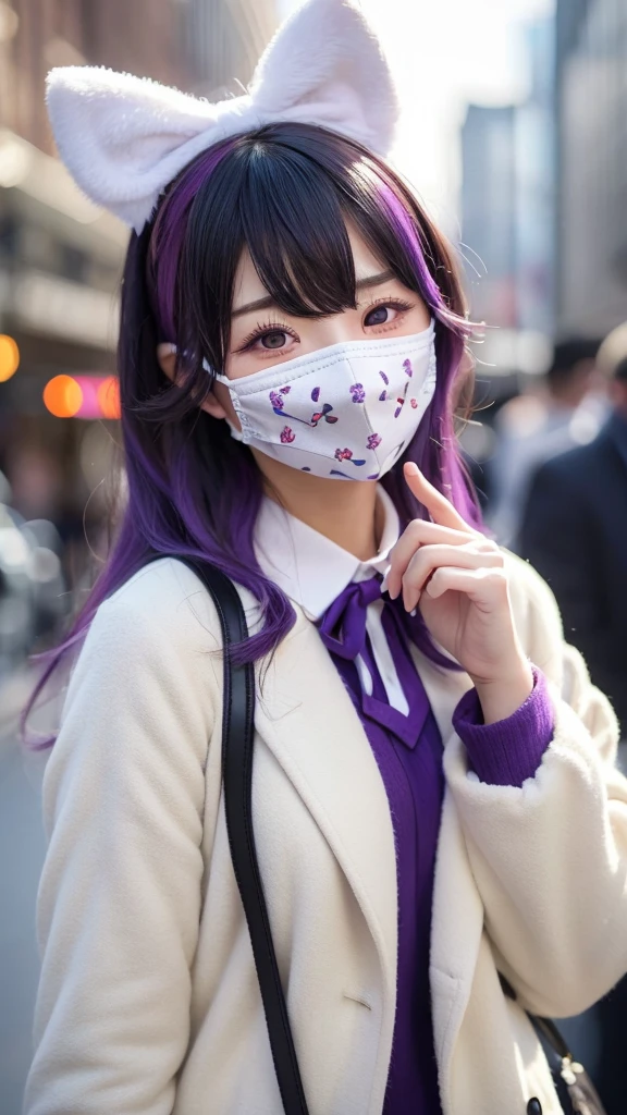 ((カスタムEye mask)), ((Patterned mask)), ((patterned Eye mask)), string hair ribbon, Purple Hair, ((Realistic)), ((Photorealism)), ((photoRealistic)), ((Cosplay)), ((Real Life)), One girl, alone, close your eyes, Black Hair, Multicolored Hair, blush, Fur trim, fur-trimmed coat, smile, coat, Purple Hair, Long Hair, ((Eye mask)), bangs, Mouth closed, bow, Flying Sweat, white coat, ribbon, bandage, Two-tone hair, Upper Body, white bow, hair ornaments