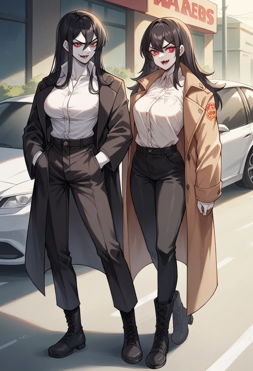 artwork, high quality, Women, White skin, red pupils, long black hair, glare, fangs, whole body, natural breasts, wears a black trench coat, White shirt, Black pants, black high boots, holding two golden daggers, a street with cars and people in the background 