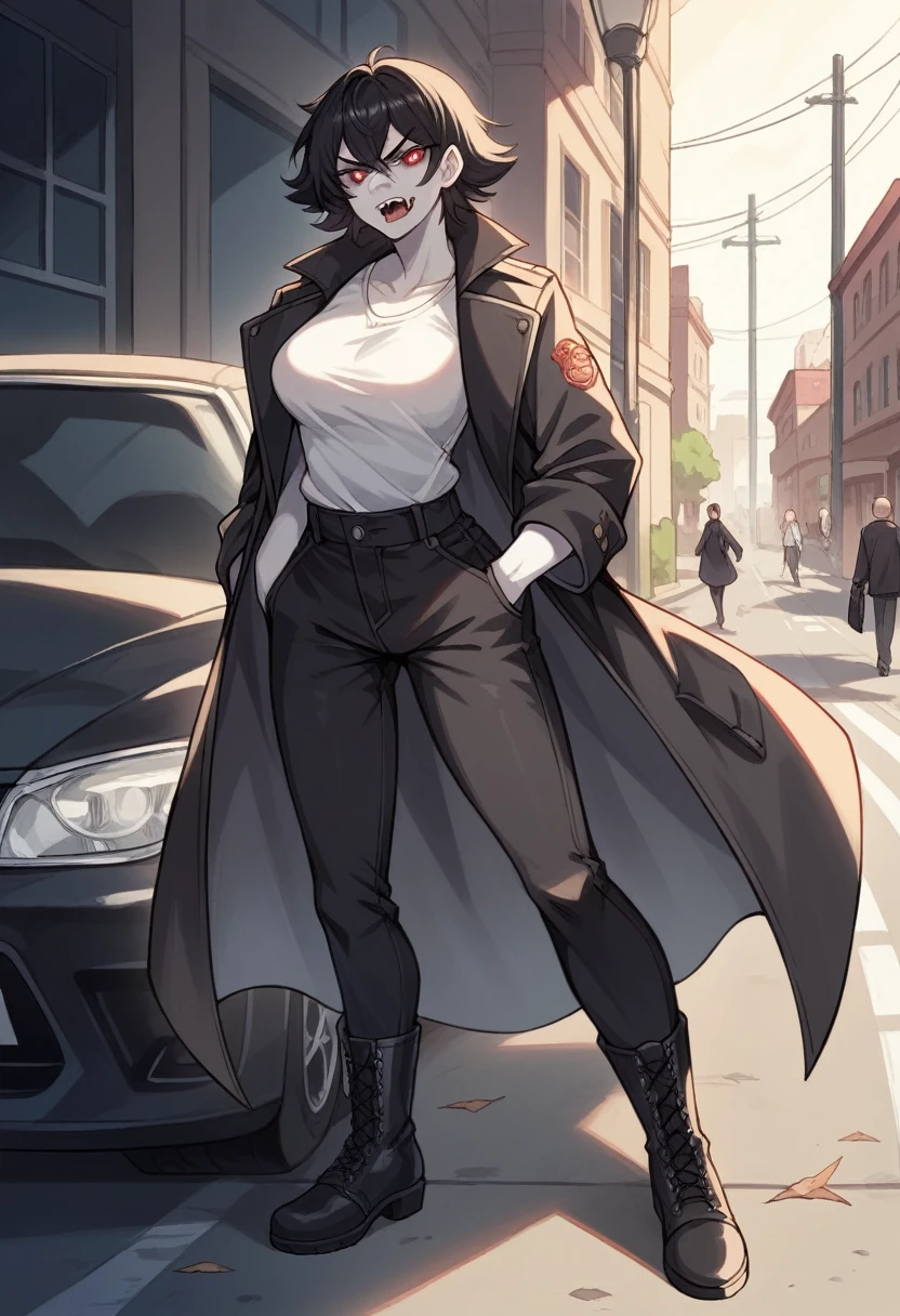artwork, high quality, Women, White skin, red pupils, long black hair, glare, fangs, whole body, natural breasts, wears a black trench coat, White shirt, Black pants, black high boots, holding two golden daggers, a street with cars and people in the background