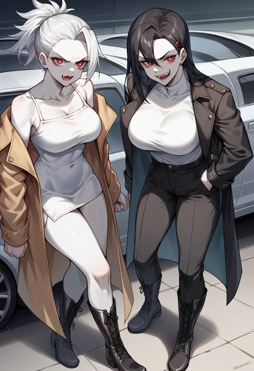 artwork, high quality, Women, White skin, red pupils, long black hair, glare, fangs, whole body, natural breasts, wears a black trench coat, White shirt, Black pants, black high boots, holding two golden daggers, a street with cars and people in the background