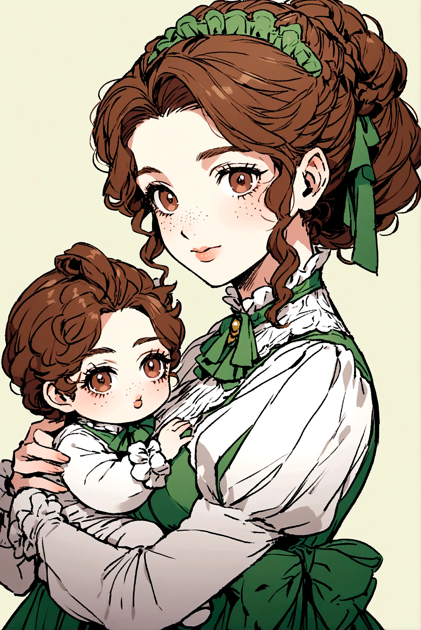 Girl with long brown hair in a Victorian era hairstyle, brown eyes with green, freckles on her cheeks and a Victorian-era party dress holding twin babies