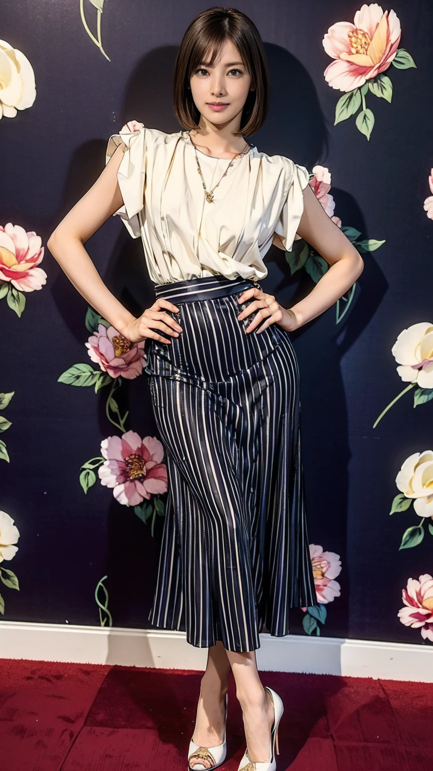 ((masterpiece)),(((Highest quality))),Thin thighs,Long legs,whole body:1.5，(One Girl:1.3),(Black high heels：1.3),(Wearing a floral striped mid-long flared skirt dress:1.2),Short blonde hair:1.2、Model pose with legs spread wide:1.5