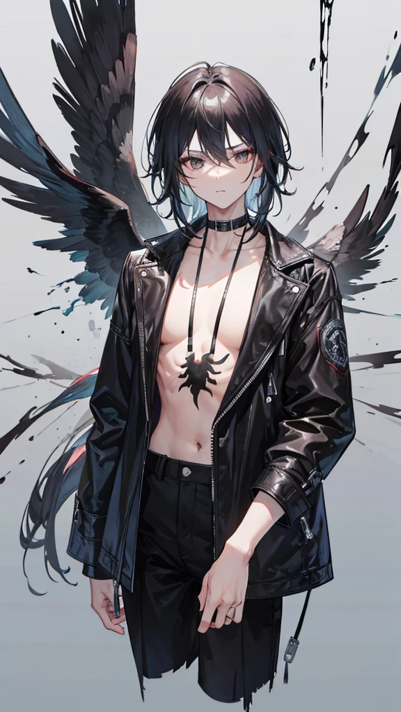 NSFW, short boy, feminine small shotacon, holding crow pet, small fragile body, black fur-lined clothes hanging on the shoulder, little to no clothes (showing core body), black hair, very messy mullet hair, bangs, shining crimson eyes, masterpiece, 8k, photorealistic, chiaroscuro lighting, dramatic shadows, cinematic composition, coast background, wearing black short, sharp black nails