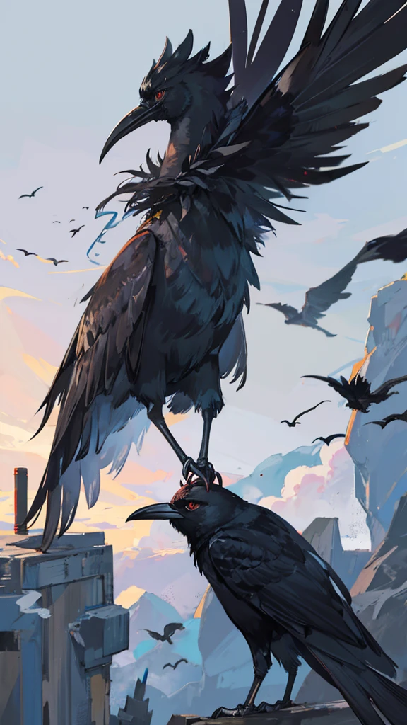 Crow made of smoke, coming out of a man's forearm.