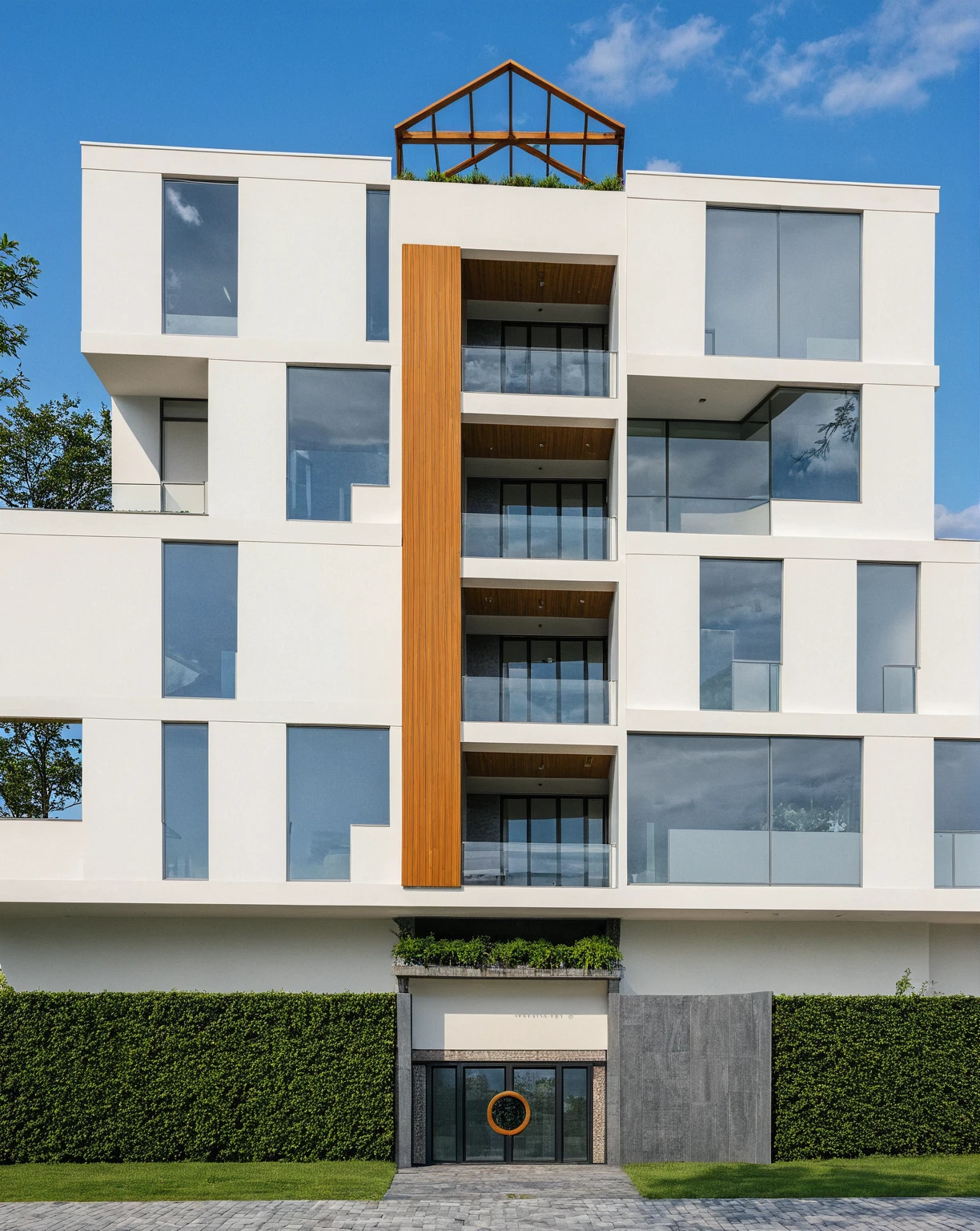 Masterpiece, high quality, best quality, authentic, super detail, outdoors, onestoreyvillaXL, aiaigroup, house style modern on the street ,stairs, white wall ,road,pavement, grass, trees, sky, cloud, (daylight:1.1)