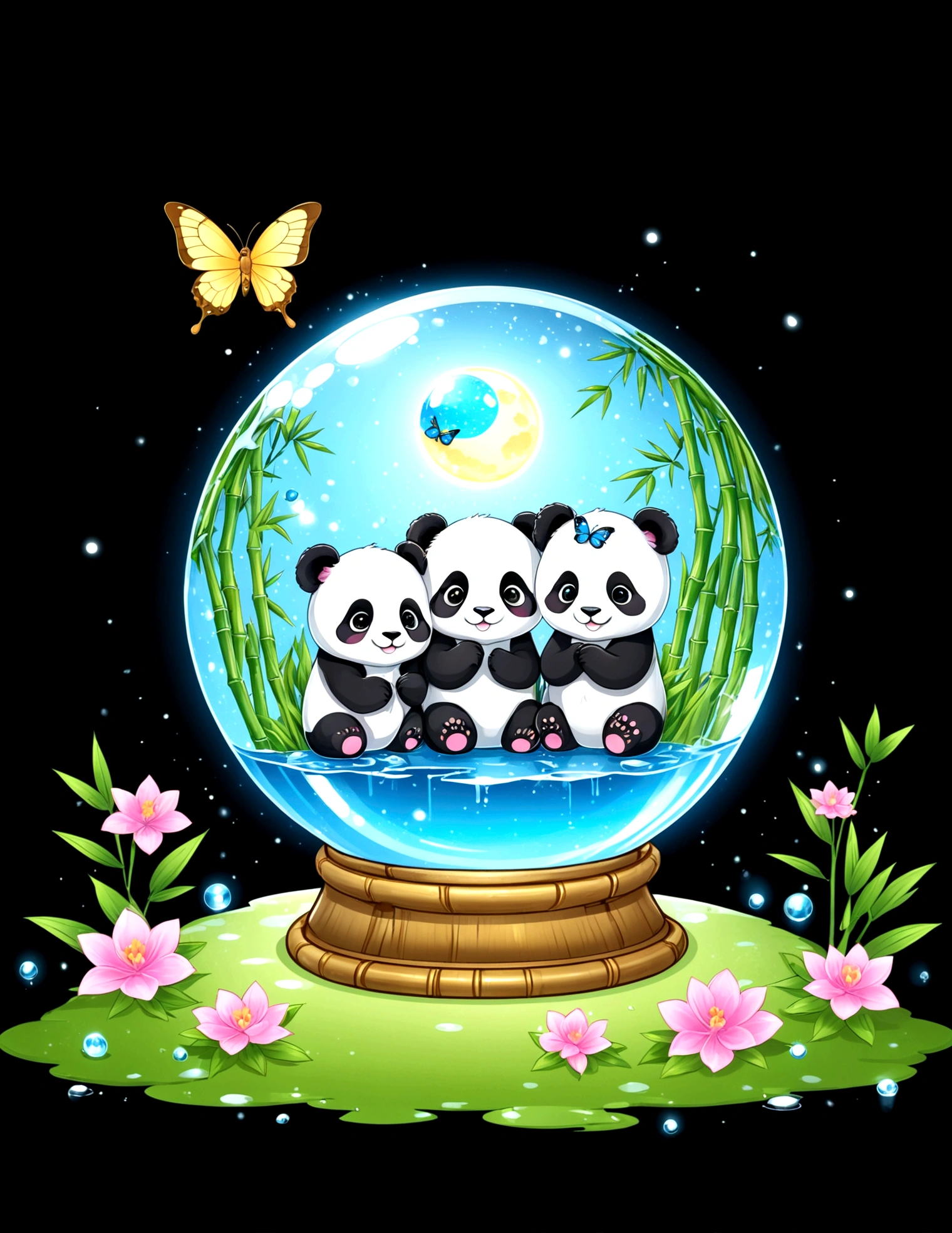 chibi pandas play together in crystal ball, bamboo forest inside crystal ball, water splash, tshirt design, cute, anime style, kawaii, super detail, black background, midnight, moon light, glowing, butterfly, exquisite flower frame, HD, super detail, vector, digital art