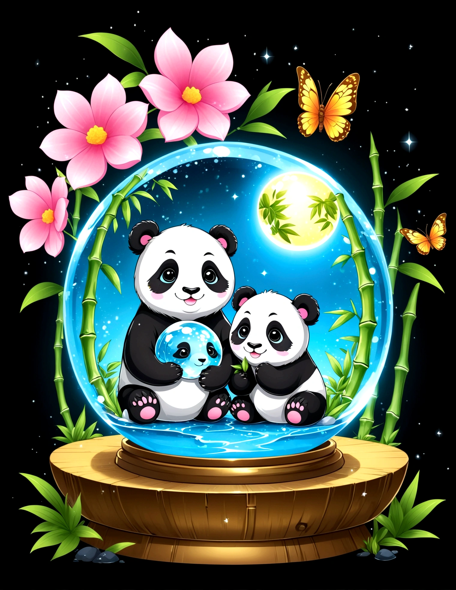 chibi pandas play together in crystal ball, bamboo forest inside crystal ball, water splash, tshirt design, cute, anime style, kawaii, super detail, black background, midnight, moon light, glowing, butterfly, exquisite flower frame, HD, super detail, vector, digital art