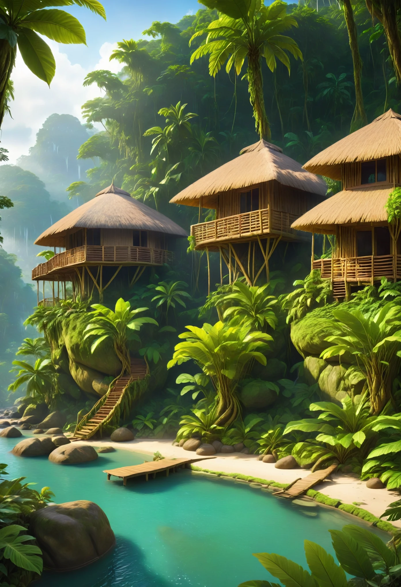 Side view, beautiful landscape view, Rainforest capsule cottages inspired by straws on the middle of rainforest, ,tradisional architecture, daylight, photography view,
