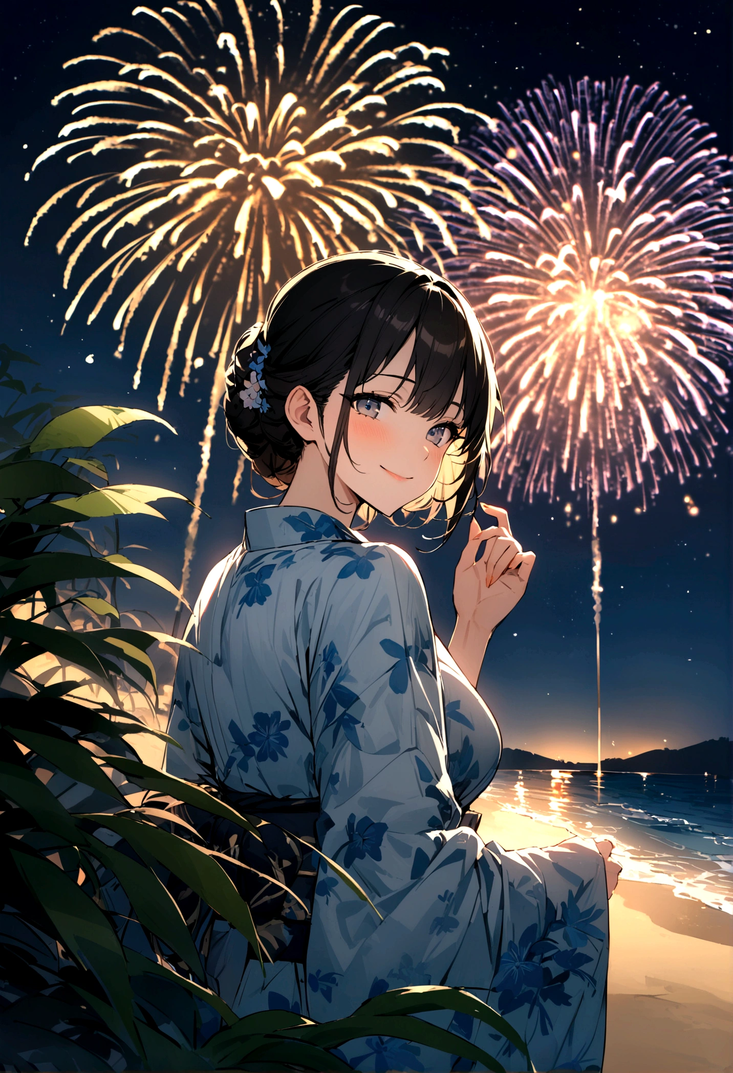 masterpiece, best quality, Summer Kimono, Flowering, firework, firefly,reed bush, Smile, Night Sky, Black hair,(one person),Beach,