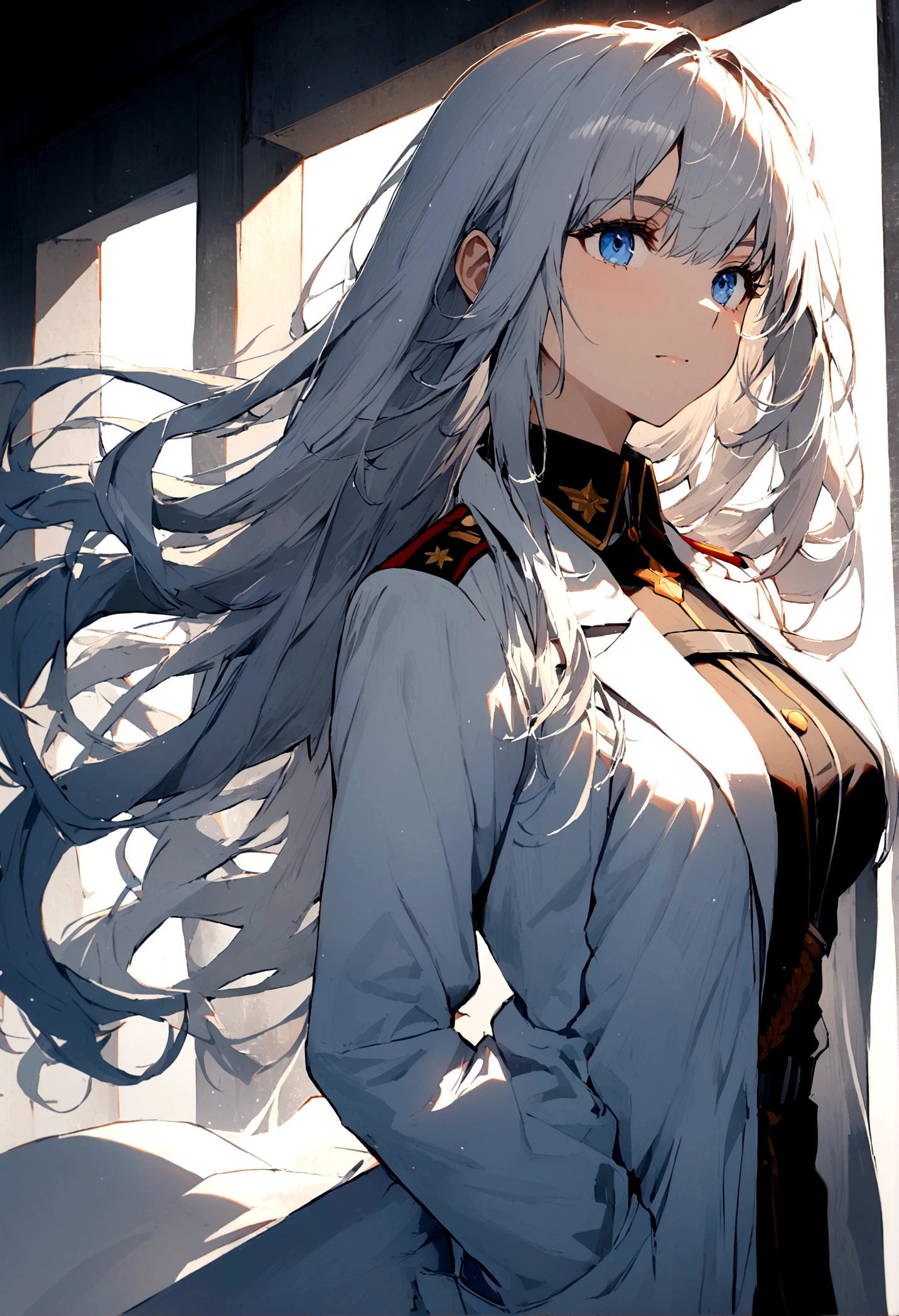 1girl, military uniform, white lab coat, lab coat, white glove, long hair, blue Eyes,