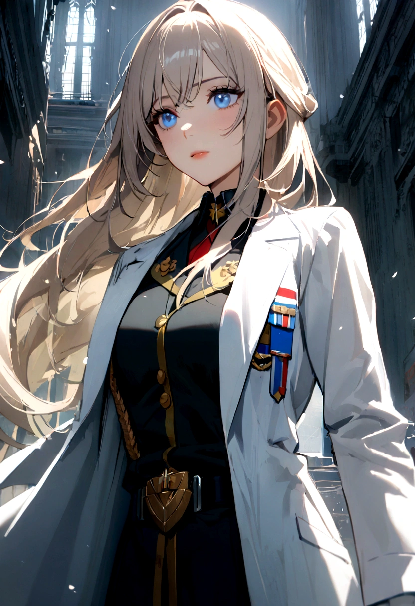1girl, military uniform, white lab coat, lab coat, white glove, long hair, blue Eyes,