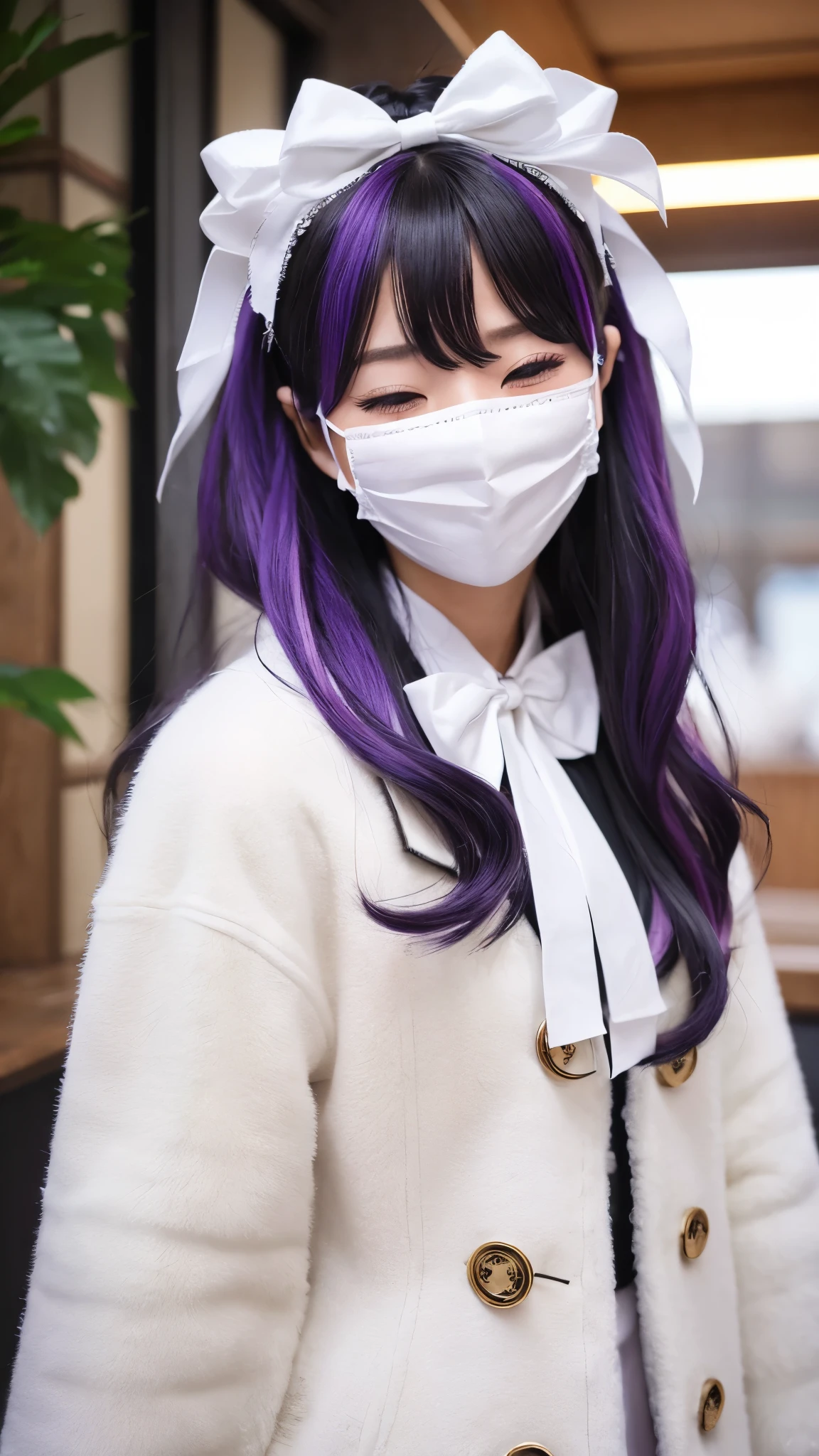 ((カスタムEye mask)), ((Patterned mask)), ((patterned Eye mask)), string hair ribbon, Purple Hair, ((Realistic)), ((Photorealism)), ((photoRealistic)), ((Cosplay)), ((Real Life)), One girl, alone, close your eyes, Black Hair, Multicolored Hair, blush, Fur trim, fur-trimmed coat, smile, coat, Purple Hair, Long Hair, ((Eye mask)), bangs, Mouth closed, bow, Flying Sweat, white coat, ribbon, bandage, Two-tone hair, Upper Body, white bow, hair ornaments