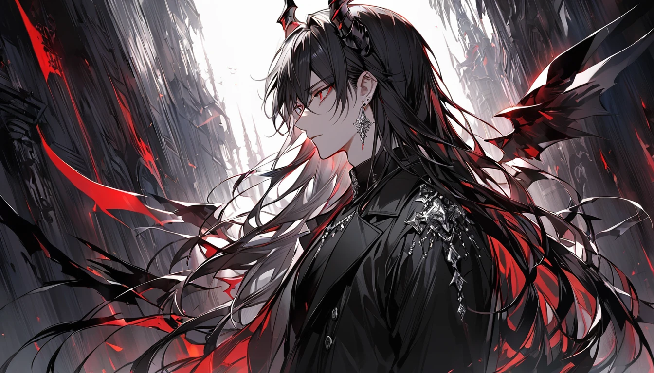 alone, good looking, 1 male, Long hair, Middle parted hair, Black hair, Red eyes, Black shirt, White Thailand, Black Trench Coat, Royal Silver Jewellery, Royal Demon Earrings, Black horns, Side profile, fallen angel