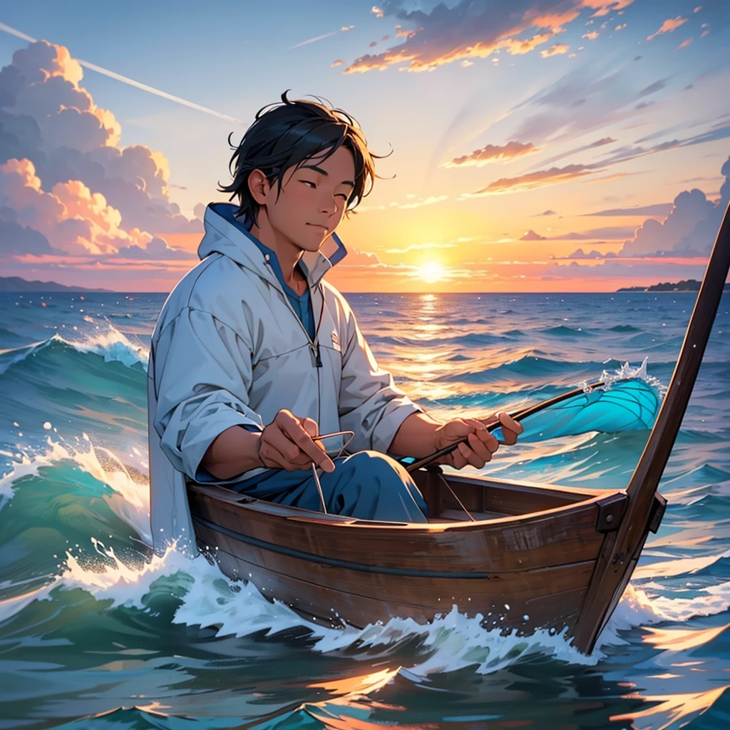 A humble fisherman in a simple boat, fishing at sunrise. The fisherman looks content and focused. The background features a calm sea with gentle waves and a serene sky with the sun rising, casting warm colors across the water. The art style should match the following: detailed, soft lighting, vibrant colors, and a realistic yet slightly stylized look.