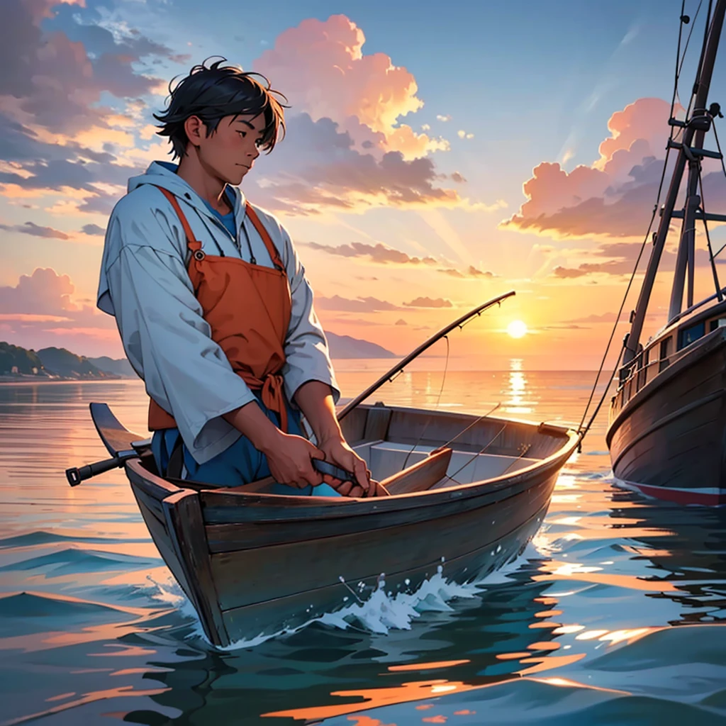 A humble fisherman in a simple boat, fishing at sunrise. The fisherman looks content and focused. The background features a calm sea with gentle waves and a serene sky with the sun rising, casting warm colors across the water. The art style should match the following: detailed, soft lighting, vibrant colors, and a realistic yet slightly stylized look.