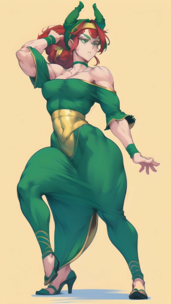 cartoon image of a woman wearing a green outfit and hat, Tatsumaki from one punch man, Tatsumaki, rogue anime girl, Krenz Kuchart and Artgerm, thick, Sexy gesture pudica pose, character in his natural pose, thick хвост, cutesexybutts, Anya from Spy X Family, villain pose