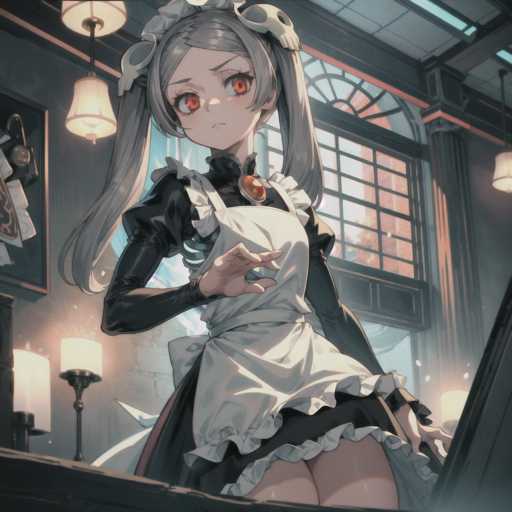 1girl, solo, indoors, upper body, looking at viewer, skg_marie, maid, maid apron, maid headdress, twin tails, skull hair ornament, red brooch, juliet sleeves, light rays, glow, (masterpiece), (dynamic poses), thick thighs   