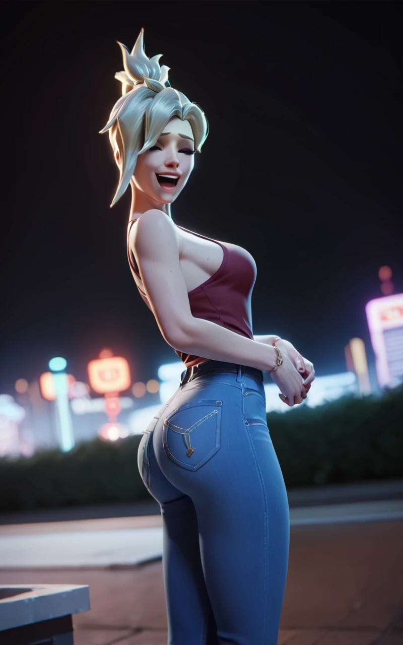 score_9,score_8_up,score_7_up,score_6_up ,source_overwatch score_9, score_8_up, score_7_up,  1woman, solo, mercy \(overwatch\), high quality,night , jeans, clapping on her ass, laughing, smacking her own ass
