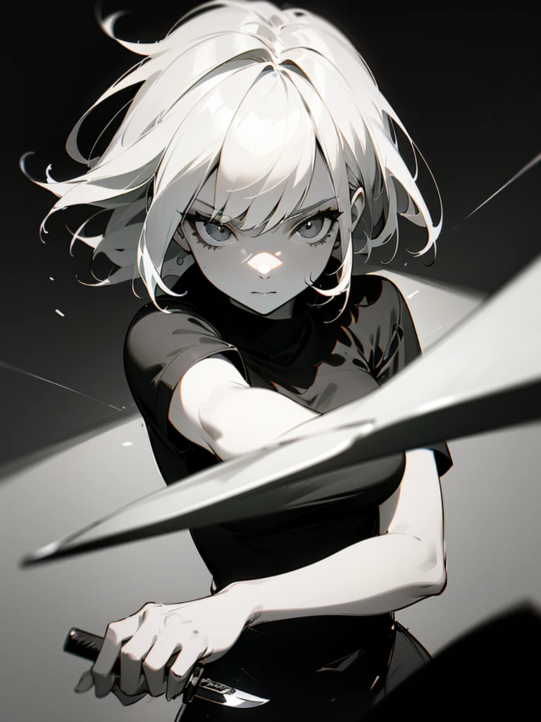 (Partial Mosaic, White Hair Girl, knife), Grayscale Shades, sketch, Minimalist Style, Monochrome background street art