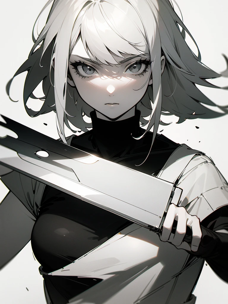 (Partial Mosaic, White Hair Girl, knife), Grayscale Shades, sketch, Minimalist Style, Monochrome background street art